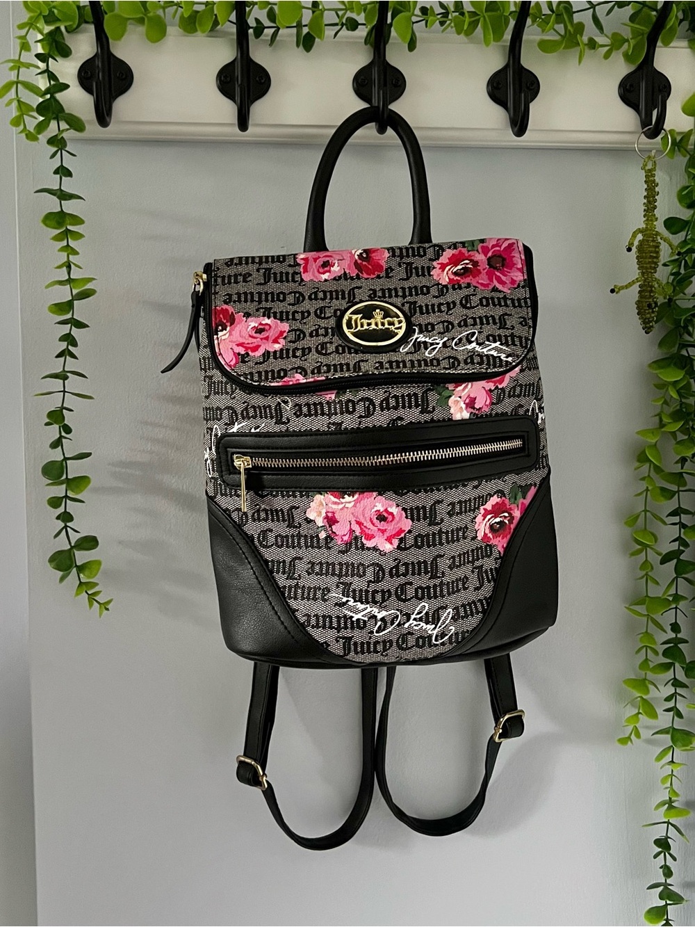 Juicy Couture Black with Pink Floral Logo Canvas Backpack